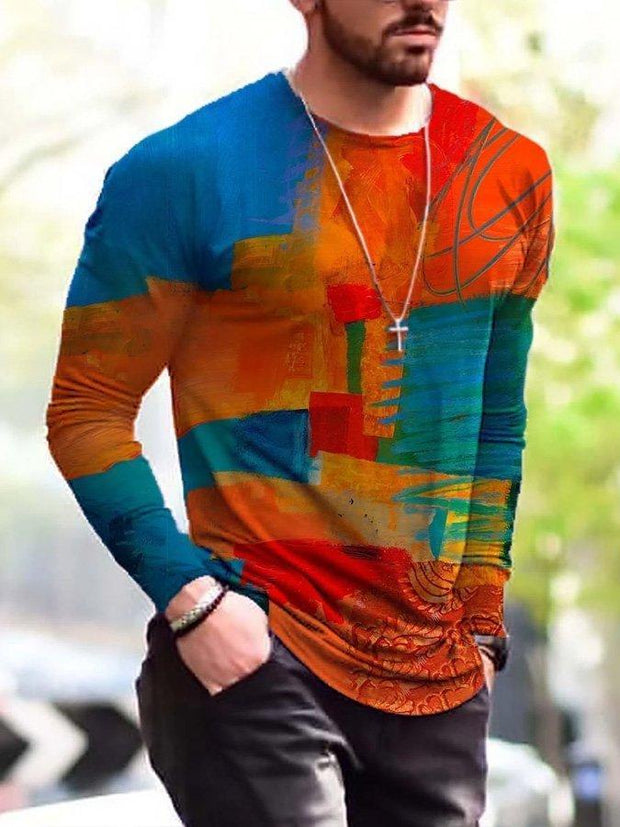 T-shirt à manches longues pour homme avec imprimé peinture contrastée