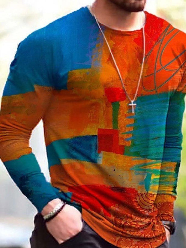 T-shirt à manches longues pour homme avec imprimé peinture contrastée
