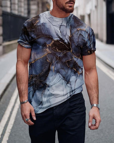 T-shirt mode imprimé abstrait bleu et or urbain pour homme