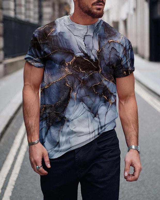 T-shirt mode imprimé abstrait bleu et or urbain pour homme