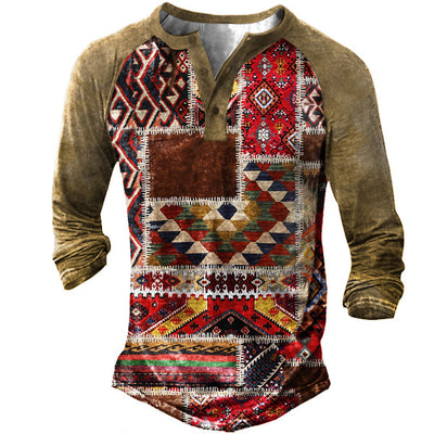 Taktisches T-Shirt mit Henry-Kragen und Western-Muster für Herren im Outdoor-Stil 