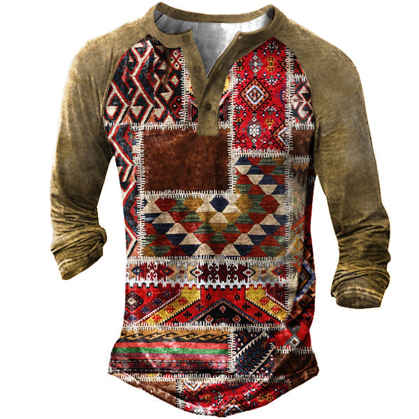 Taktisches T-Shirt mit Henry-Kragen und Western-Muster für Herren im Outdoor-Stil 